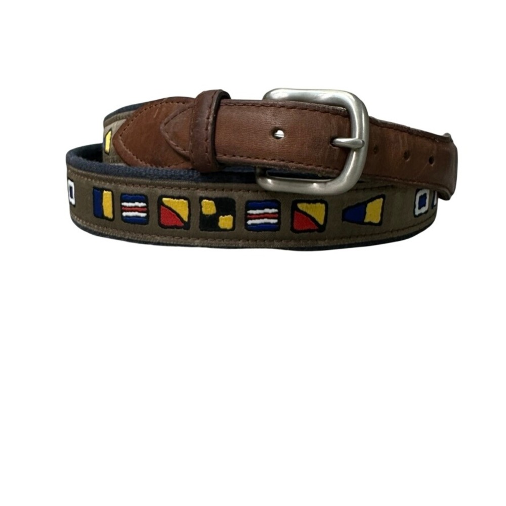Leather Man Ltd Mens Nautical Flag Belt Navy Canvas Brown Leather Size 46